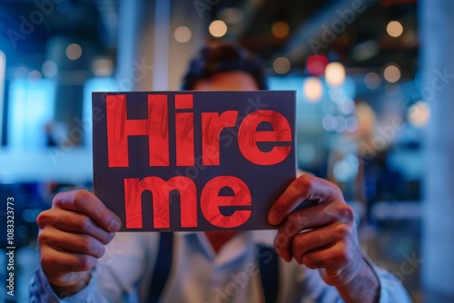 Hands Holding a Hire Me Sign in a Modern Setting photo