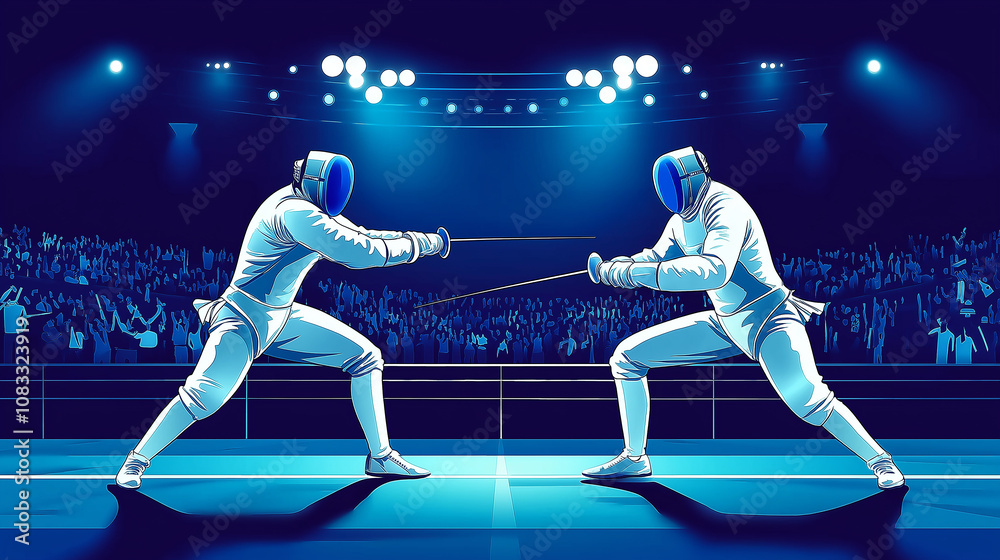 Obraz premium Fencers competing during a fencing tournament in a crowded stadium