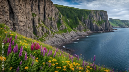 Coastal scene with towering cliffs a pebble strewn beach and vibrant wildflowers, AI Generated photo