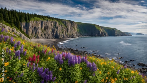 Coastal scene with towering cliffs a pebble strewn beach and vibrant wildflowers, AI Generated photo