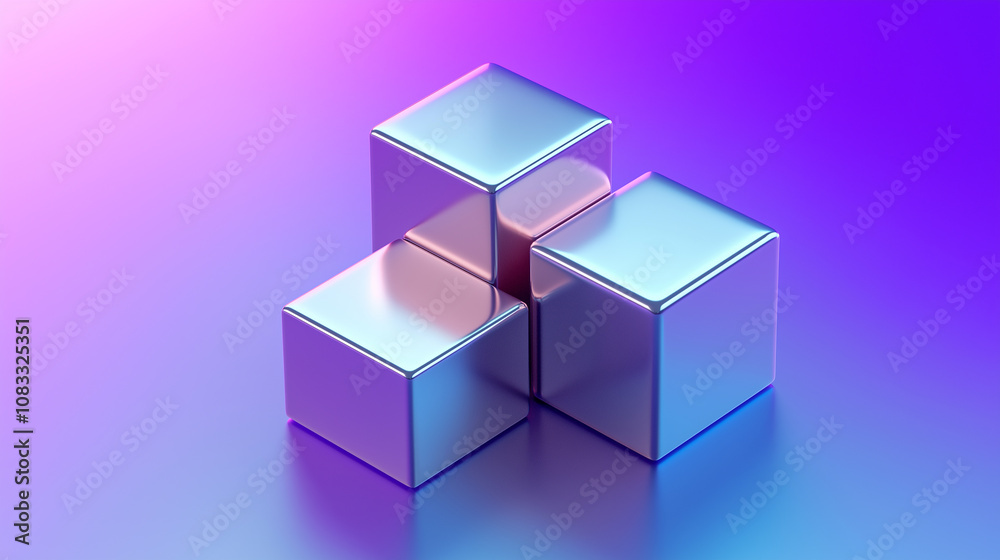 Fototapeta premium Three metallic cubes forming a larger cube on gradient background