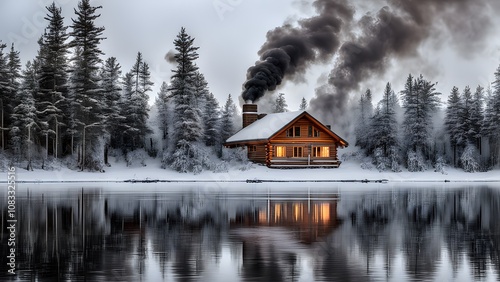 Early winter in northern ontario with snow covered pine trees frozen lakes and a cozy log cabin, AI Generated photo