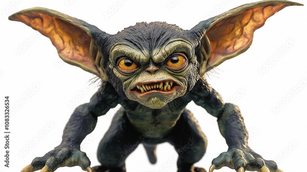 Fototapeta premium Aggressive gremlin toy showing teeth and claws on white background