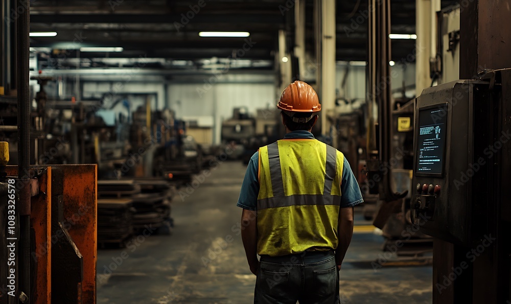 Fototapeta premium A worker in safety gear observes machinery in a factory setting.