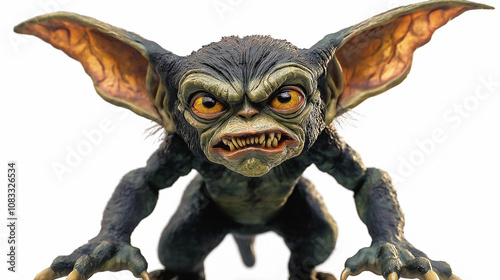 Aggressive gremlin toy showing teeth and claws on white background
