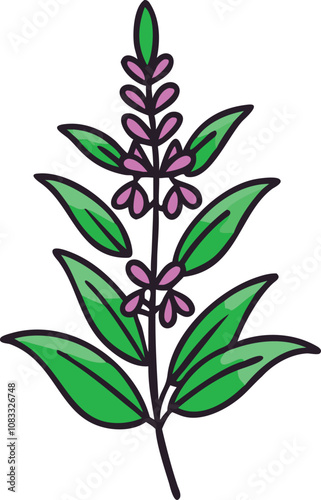 Herbal plant illustration with pink flowers and green leaves, Illustration of a leafy herbal plant with pink flowers and vibrant green leaves, outlined in bold lines, showcasing a natural and decorati photo