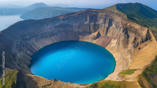 Zarechnoye crater lake forming a caldera with turquoise water in the kuril islands, russia photo