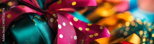 Colorful gift-wrapped presents with vibrant bows on a festive background. photo