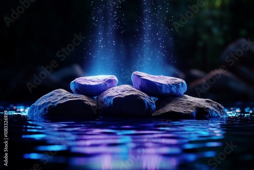 Enchanted rocks skimming over a sparkling lake, glowing with magical energy and surrounded by mist photo