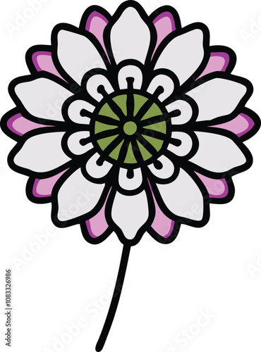 Colorful flower illustration with layered petals, Stylized illustration of a flower featuring white and pink layered petals and a green center, outlined in bold black lines for a vibrant design.
