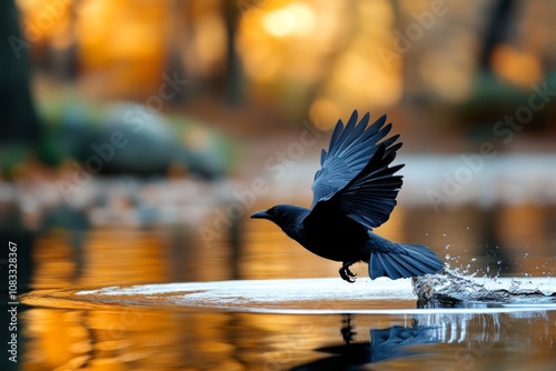 Gothic scene of a crow skimming low over a misty lake, dark and moody atmosphere photo