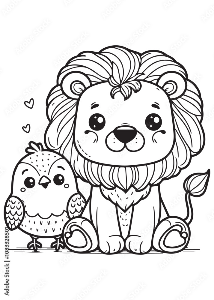 Fototapeta premium Coloring education design cute lion with bird