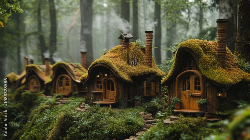 Fototapeta premium Tiny woodland houses, Charming Woodland Houses with Rustic Wooden Walls