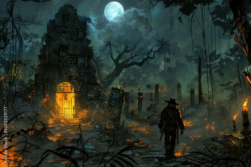 Fototapeta premium A mysterious figure explores an ancient temple under a full moon, surrounded by vibrant foliage and eerie shadows, evoking a sense of adventure and discovery.