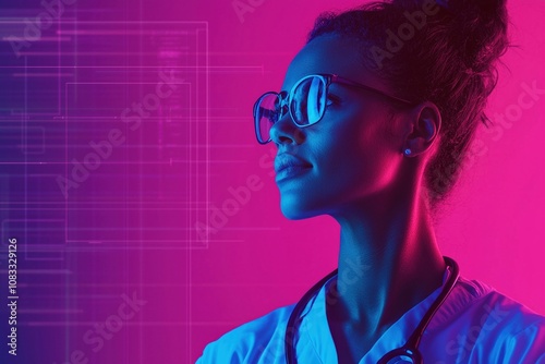 confident female doctor in glasses, with stethoscope, against vibrant pink and purple background, symbolizing healthcare and technology