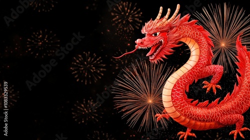A vibrant red dragon with fireworks in the background, representing celebration and cultural significance, especially in Asian traditions.