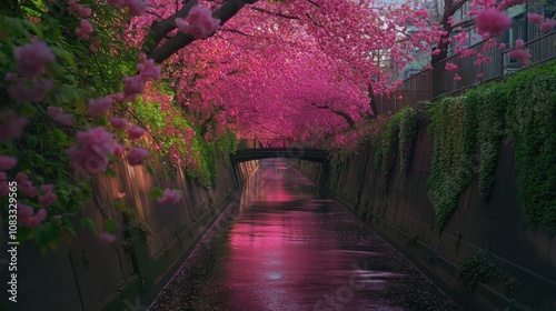 An enchanting view of the cherry blossom-lined Nakameguro Canal in Tokyo, Japan, with sakura petals drifting on the water under a canopy of pink blossoms photo