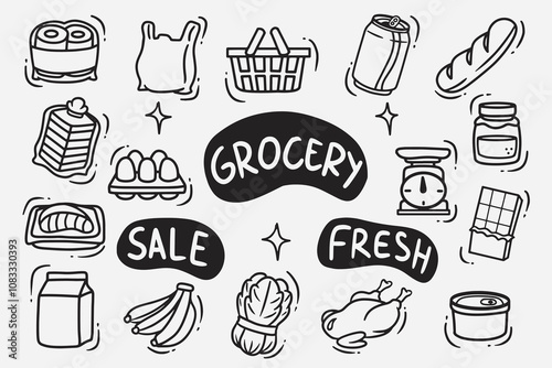set of grocery doodles good for background, wallpaper, element design, etc