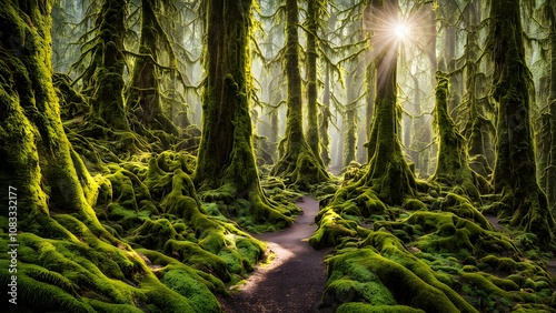 Lush rainforest trail in british columbia featuring thick moss towering trees and sunlight, AI Generated photo