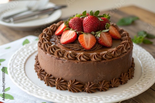 A chocolate cake with strawberries on top, beautifully decorated