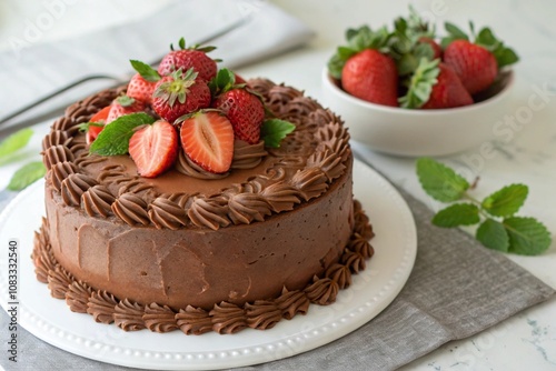 A chocolate cake with strawberries on top, beautifully decorated
