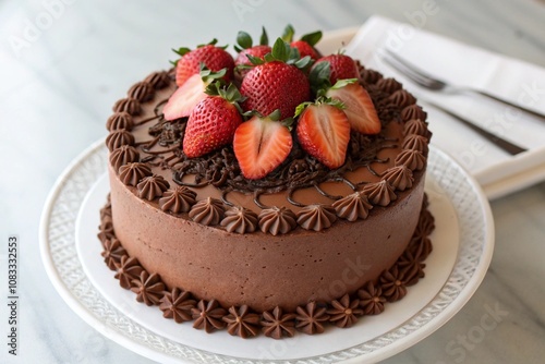 A chocolate cake with strawberries on top, beautifully decorated