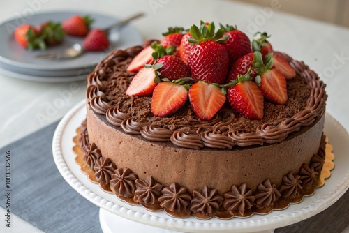 A chocolate cake with strawberries on top, beautifully decorated