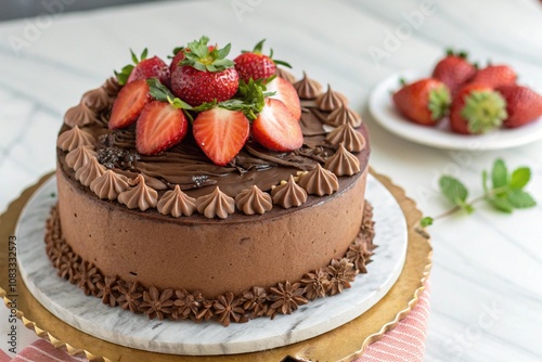 A chocolate cake with strawberries on top, beautifully decorated