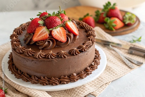 A chocolate cake with strawberries on top, beautifully decorated