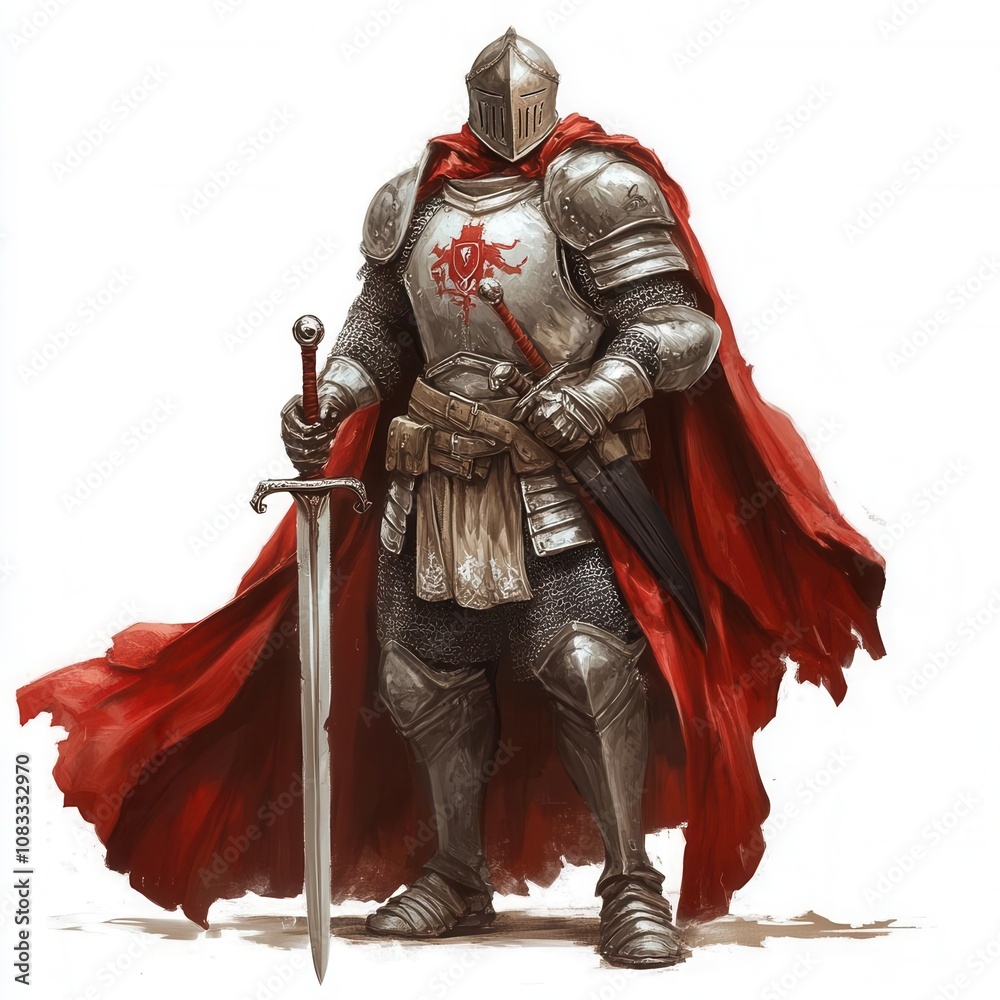 Fototapeta premium A heroic knight in shining armor, ready for battle with a majestic red cape.