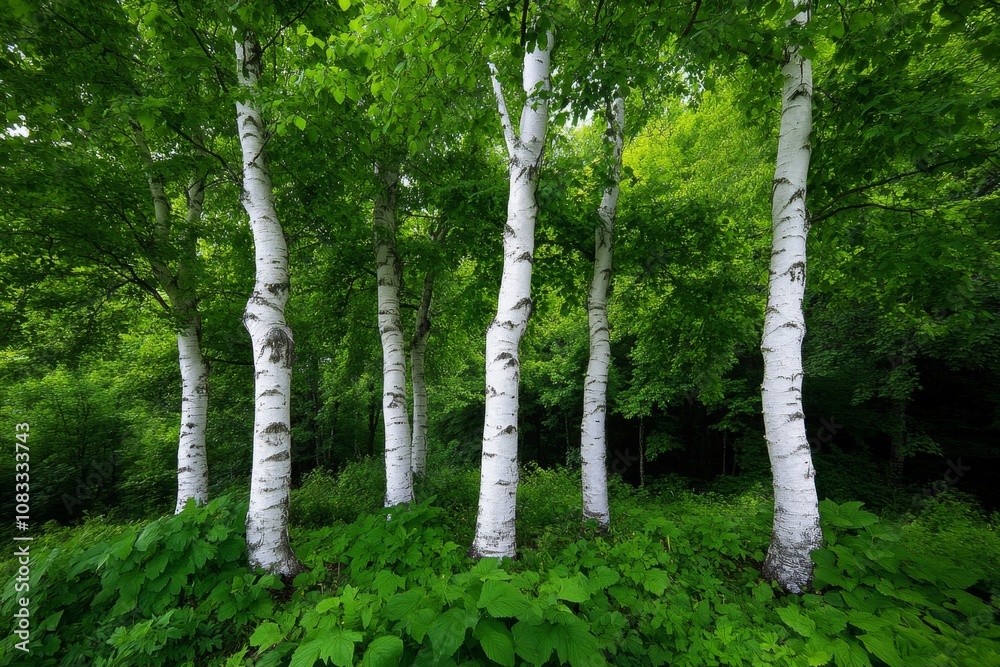 Obraz premium Birch trees with white bark in a forest, standing tall against a backdrop of lush green foliage
