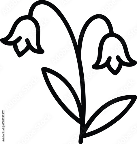 Bluebell flower outline icon with leaves, Black and white outline illustration of a bluebell flower with two drooping, bell-shaped blooms and simple leaves on a curved stem.
