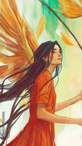 Artistic portrayal of a woman with golden wings in a fantasy setting.
