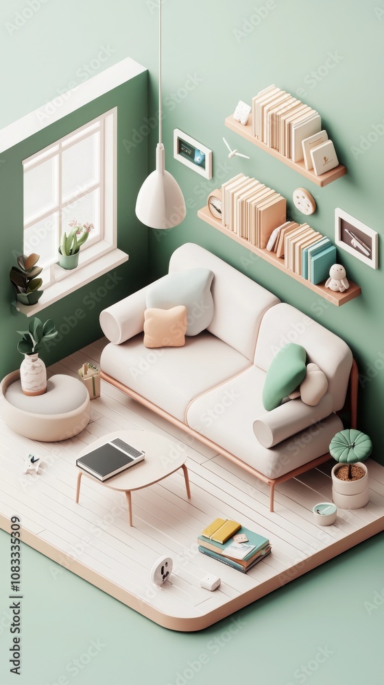 Fototapeta premium Cozy virtual learning hub home interior digital art soft pastel environment isometric view comfort and creativity