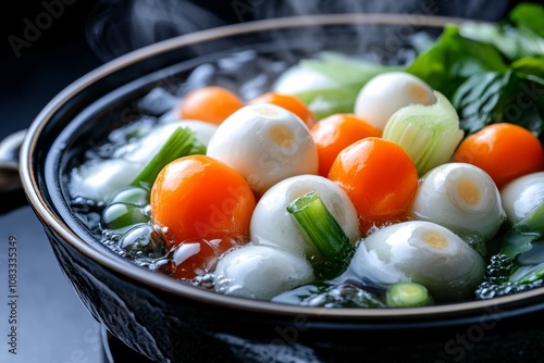 Close-up of parboiled vegetables in a pot, with steam rising and water bubbles around them photo