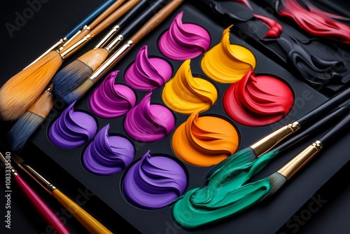 Colorful paints admixing on a palette, with brushes laying nearby and rich colors blending smoothly photo