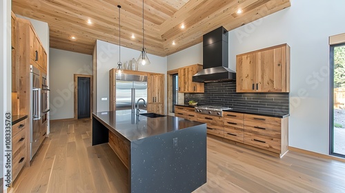 Modern farmhouse kitchen featuring rustic wooden cabinets and black countertops