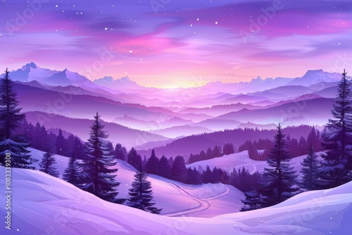 A serene winter landscape at dawn, showcasing purple hues in the sky, snow-covered mountains, and evergreen trees under a gentle snowfall.