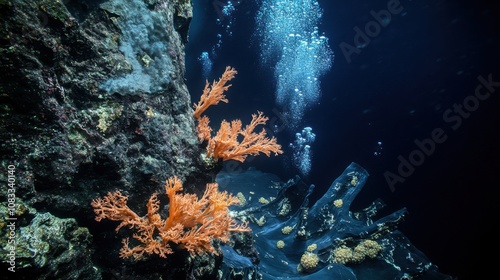 An underwater photograph of a deep-sea hydrothermal vent ecosystem, Hydrothermal scene, Submersive style photo