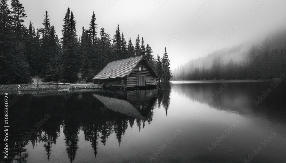 Fototapeta premium Cabin on the lake in fog forest monochrome image