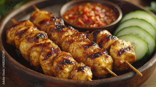 Grilled chicken satay skewers served with peanut sauce, slice cucumber. The grilled meat is juicy and flavorful, perfect for a summer barbecue or party. photo