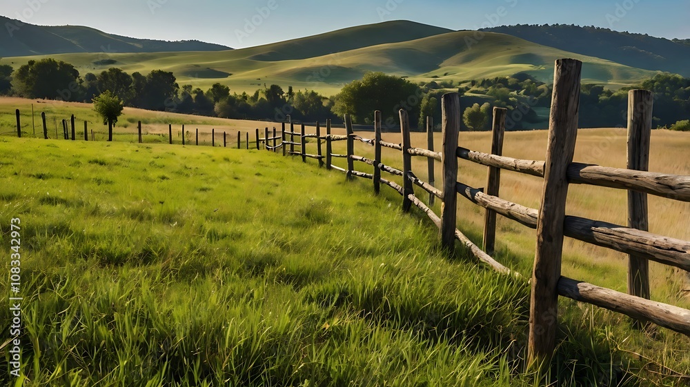 Fototapeta premium Wooden fence along grassy field with rolling hills in the background.