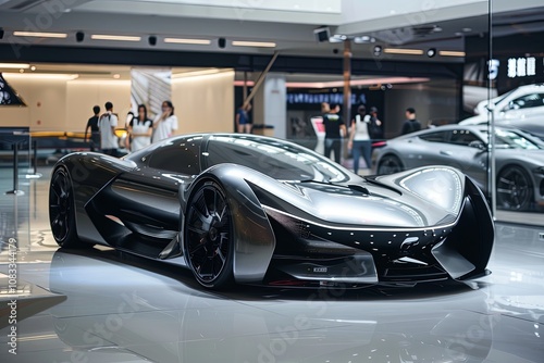 Sleek black sports car on display at an auto show with attendees admiring the design and technology during the daytime. Generative AI photo