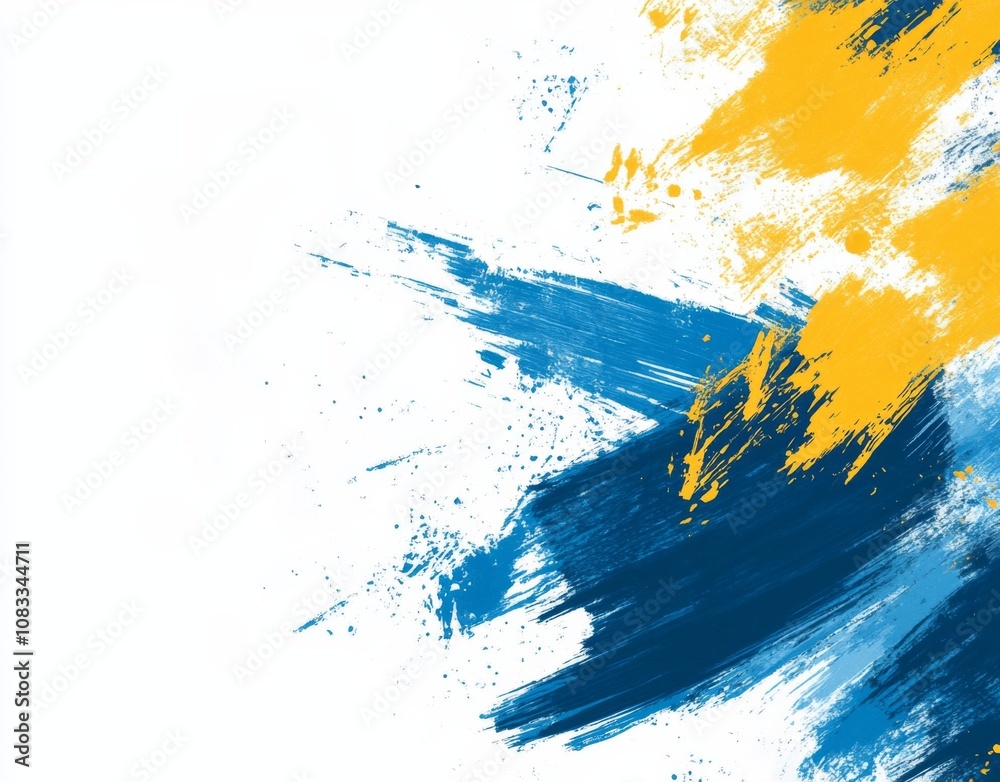 Fototapeta premium White background with blue and yellow brush strokes in a vertical rectangular shape.