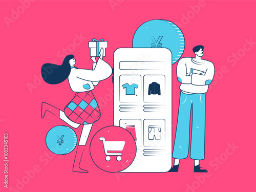 Holiday shopping people doing e-commerce online shopping flat vector concept operation hand drawn illustration
 photo