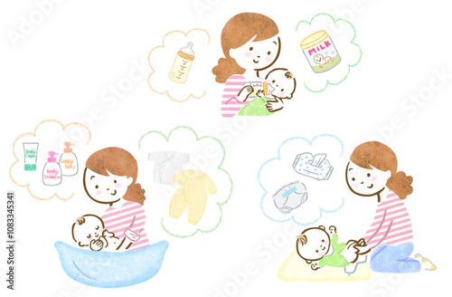 赤ちゃんのお世話をする母親と小物類の手描きイラストセット