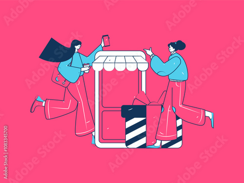 Holiday shopping people doing e-commerce online shopping flat vector concept operation hand drawn illustration
