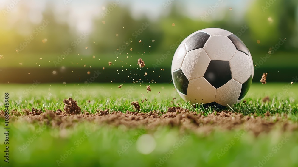Fototapeta premium A close-up of a soccer ball rolling on a grassy field, with dirt flying, capturing the dynamic movement and energy of the sport.