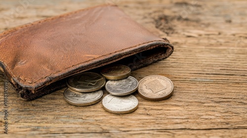 Financial struggles empty wallet with last few coins home still life rustic setting close-up economic hardship