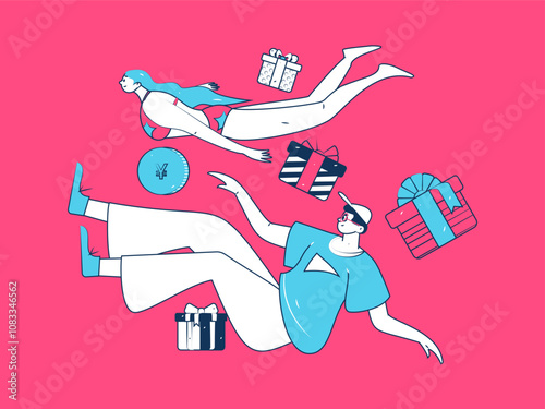 Holiday shopping people doing e-commerce online shopping flat vector concept operation hand drawn illustration
